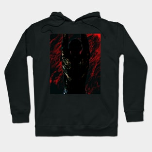 Portrait, digital collage and special processing. Men's back. Mystic. Energy waves. Red and black. Hoodie